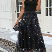 Spódnice - TEMU Elegancka, kolorowa spódnica damska w kropki z siateczki, z elastyczną talią, idealna na imprezy modowe i wieczory. - miniaturka - grafika 1