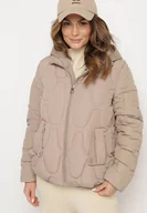 Kurtki damskie - Ciemnobeżowa Pikowana Kurtka z Materiałowym Kapturem i Kieszeniami Ravalynne - miniaturka - grafika 1