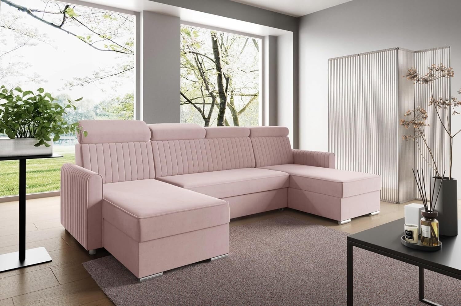 LIKMA Narożnik 274 cm Różowy Rozkładany NELI Kształt U z Funkcją Spania (254x125 cm) i Pojemnikiem na Pościel Sofa z Regulowanymi Zagłówkami