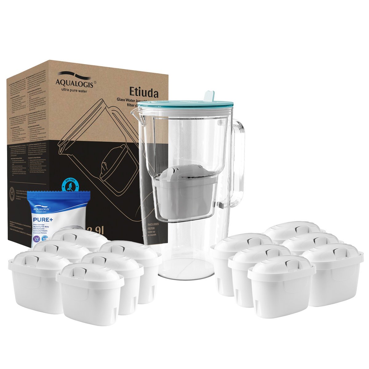 Szklany dzbanek filtrujący Etiuda Niebieski + 12 wkładów Pure+