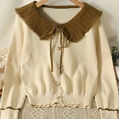 Swetry damskie - TEMU Elegancki sweter damski - Bluzka z długim rękawem i kołnierzykiem w stylu koronki, luźny sweter do biura i na imprezy jesienno-zimowy, szykowne - miniaturka - grafika 1