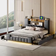 Łóżka - Łóżko tapicerowane 160 x 200 cm z 4 szufladami - LED + port USB - Metal i skóra ekologiczna - Szare - miniaturka - grafika 1