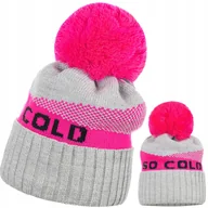 Czapki damskie - Czapka Damska Kobieca So Cold We Wzór Z Pomponem Szary Różowy - miniaturka - grafika 1