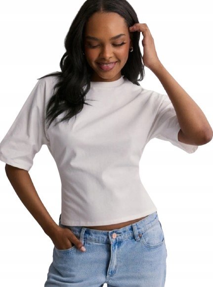 NELLY T-SHIRT DAMSKI BIAŁY Z WIĄZANIEM GŁADKI CASUAL L DRJ