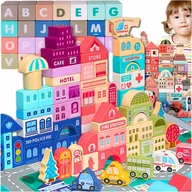 Zabawki kreatywne - ZESTAW Klocki drewniane Miasto Auta Zestaw Puzzle Mata 115 Klocków EDU - miniaturka - grafika 1