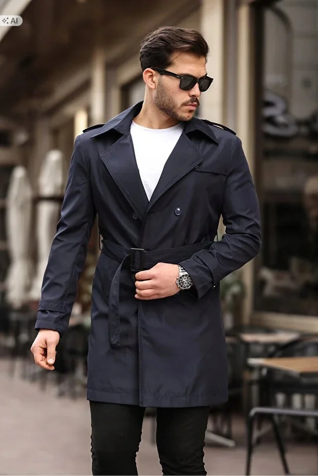ELEGANCKI PŁASZCZ MĘSKI CZARNY GŁADKI Z PASKIEM M 5IA