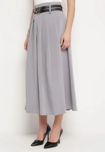 Szara Spódnica z Podwójnym Paskiem z Ekoskóry i Szerokimi Plisami Hiritai - Spódnice - miniaturka - grafika 1