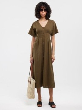 Big Star Sukienka Damska MIDI Lniana Khaki Victorine 303 S
