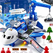 Samoloty i helikoptery - Duży Samolot Rozkładany Parking Dźwig Policja Auta Zestaw Xxl Na Prezent - miniaturka - grafika 1