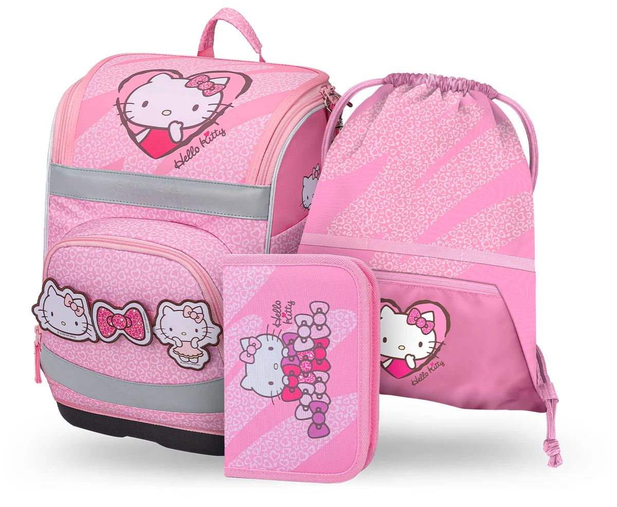 Zestaw Szkolny 3w1 BAAGL Tornister szkolny Zippy Plus Hello Kitty Sweet Leopard Ergonomiczny 21L 28x37x20 cm Różowy dla dziewczynki + Piórnik, Worek..