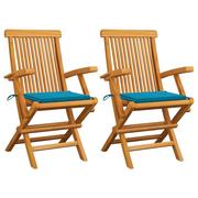 Fotele i krzesła ogrodowe - vidaXL Krzesła ogrodowe z niebieskimi poduszkami, 2 szt., tekowe - miniaturka - grafika 1