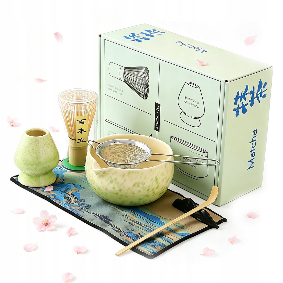 Zestaw Prezentowy Do Herbaty Matcha Czarka Miotełka Zielony 7SZT