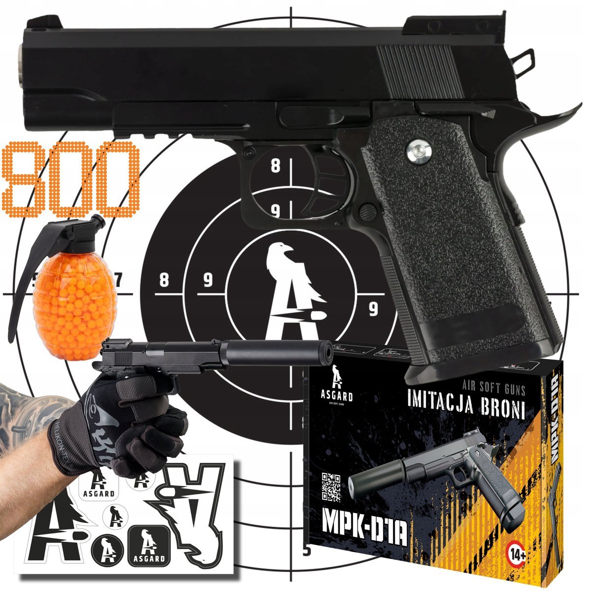 Pistolet na kulki 6mm ASG imitacja replika + 800 kulek realistyczna replika sprężynowa Hop-Up dla lepszej celności magazynek, tarcza strzele..