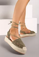 Espadryle damskie - Ciemnozielone Płaskie Espadryle na Plecionej Podeszwie o Ażurowym Wykończeniu z Wiązaniem Sivalea - miniaturka - grafika 1