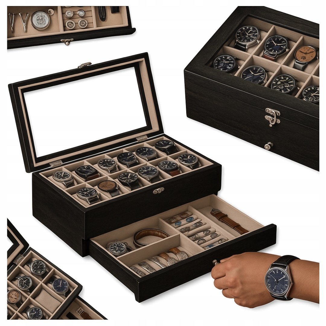 DREWNIANE PUDEŁKO NA BIŻUTERIĘ Z AKSAMITNĄ TACĄ ORGANIZER 2-POZIOMOWY ETUI