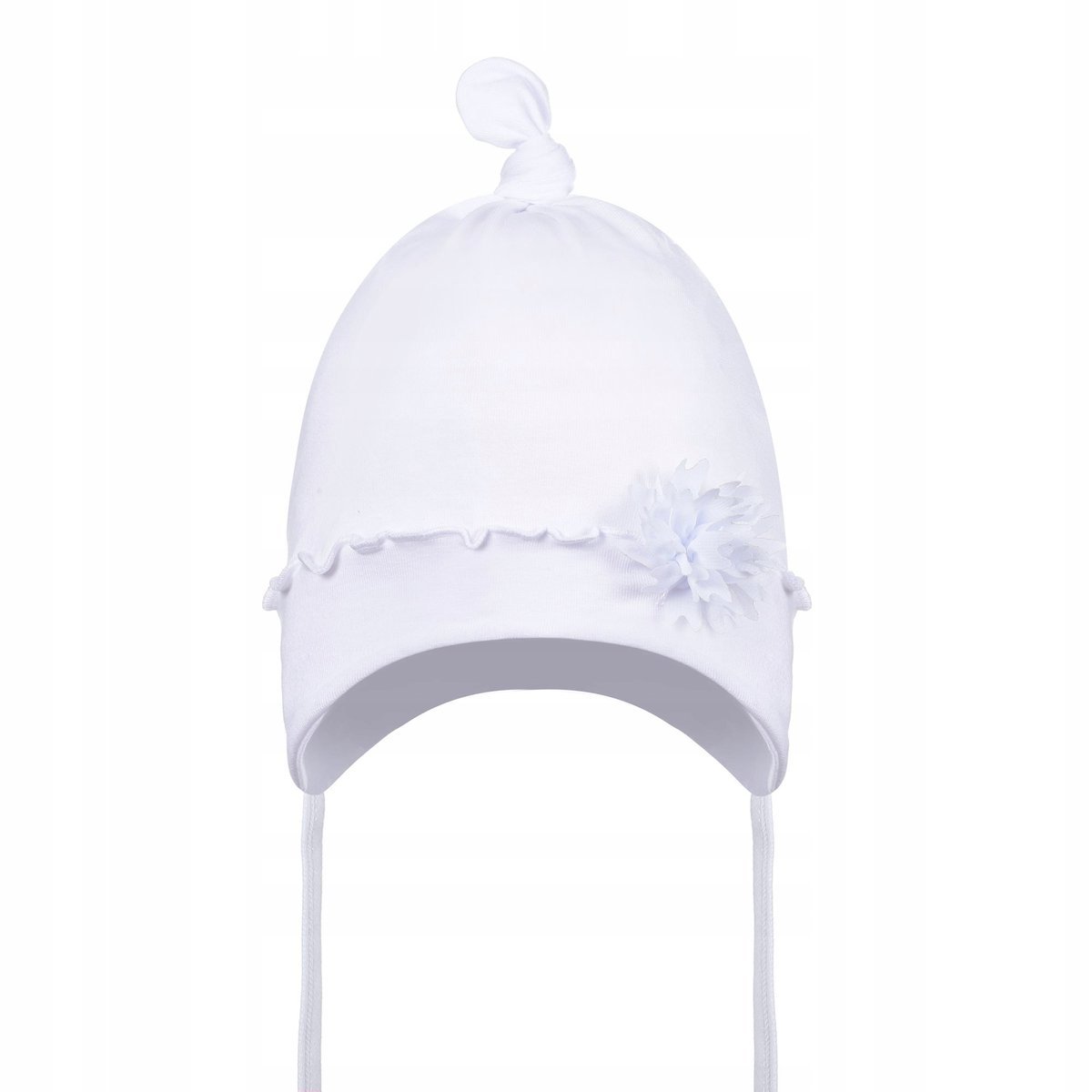 Czapka Czapeczka Dziecięca Bawełniana Wiązana Ozdobny Kwiat Biały R 40