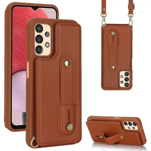 Dla Samsung Galaxy A53 5G PU Skra + etui na telefon TPU Gniazda kart Projektowanie opasek na nadgarstek Osona podprki Wielobarwny Brown - Etui i futerały do telefonów - miniaturka - grafika 1