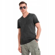Koszulki męskie - Męski bawełniany t-shirt v-neck efekt sprania czarny OM-TSWT-0242 V6 r. L - miniaturka - grafika 1