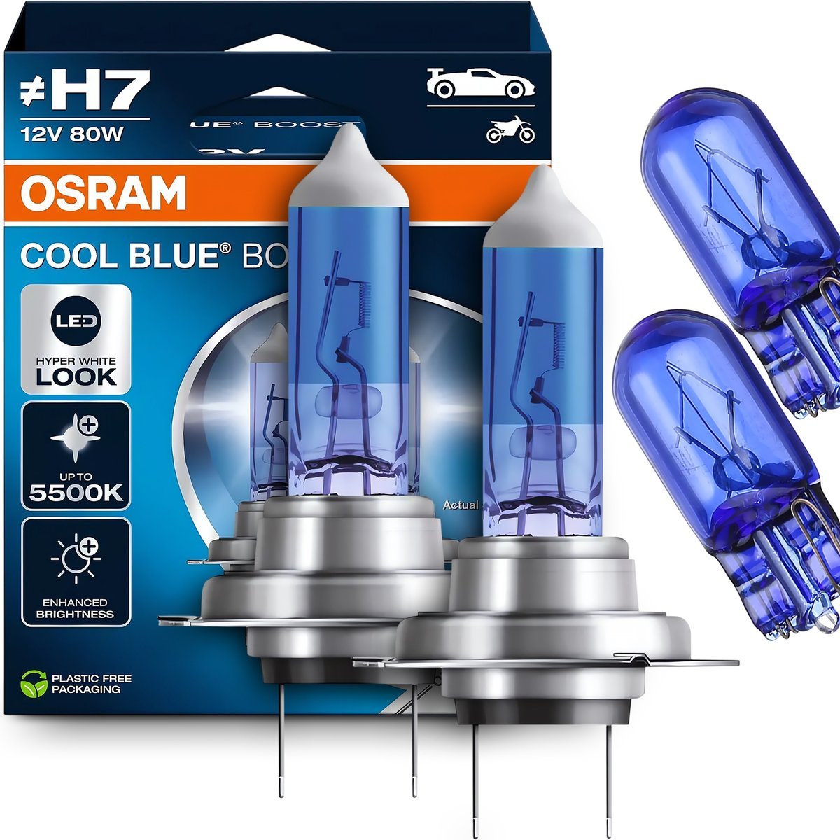 ŻARÓWKI OSRAM H7 COOL BLUE BOOST 5500K 80W BIAŁE ŚWIATŁO + W5W WHITE EFFECT