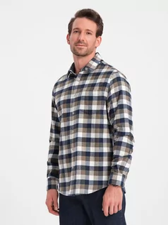 Koszule męskie - Klasyczna flanelowa męska koszula bawełniana w kratę - brązowo-granatowa V1 OM-SHCS-0157 - grafika 1