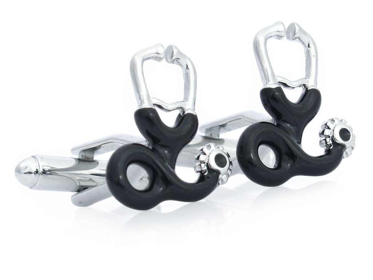 Srebrno-czarne spinki do mankietów dla lekarza - stetoskop AU261