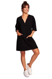 Bluzki damskie - B233 Tunika z głębokim dekoltem i kieszeniami - czarna (kolor czarny, rozmiar 2XL/3XL) - grafika 1