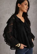Bluzki damskie - Czarna Koronkowa Bluzka z Falbankami Sewrana - miniaturka - grafika 1