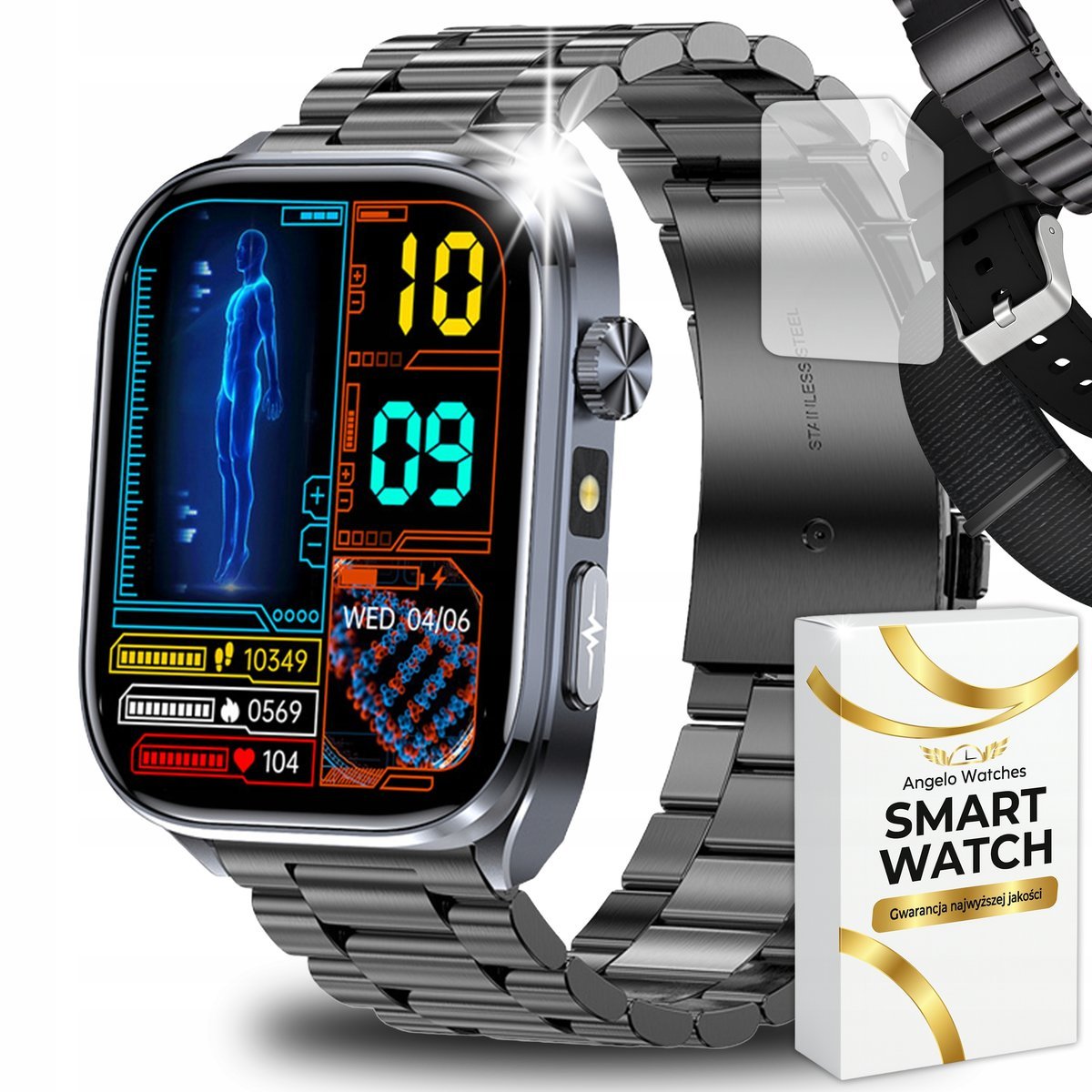 Smartwatch Kardiowatch Męski AT572 EKG HRV Ciśnienie Rozmowy BT IP68 Menu PL 3 Paski