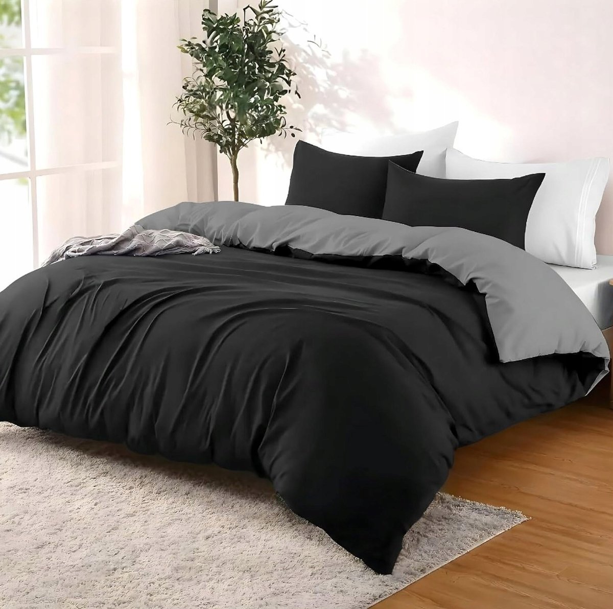 POŚCIELI ZESTAW 200X200CM 3 CZĘŚCIOWY 2 POSZEWKI MIKROFIBRA CZARNY
