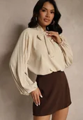 Bluzki damskie - Beżowa Bluzka Ozdobiona Wiązaniem i Plisowanymi Rękawami Jenowena - miniaturka - grafika 1