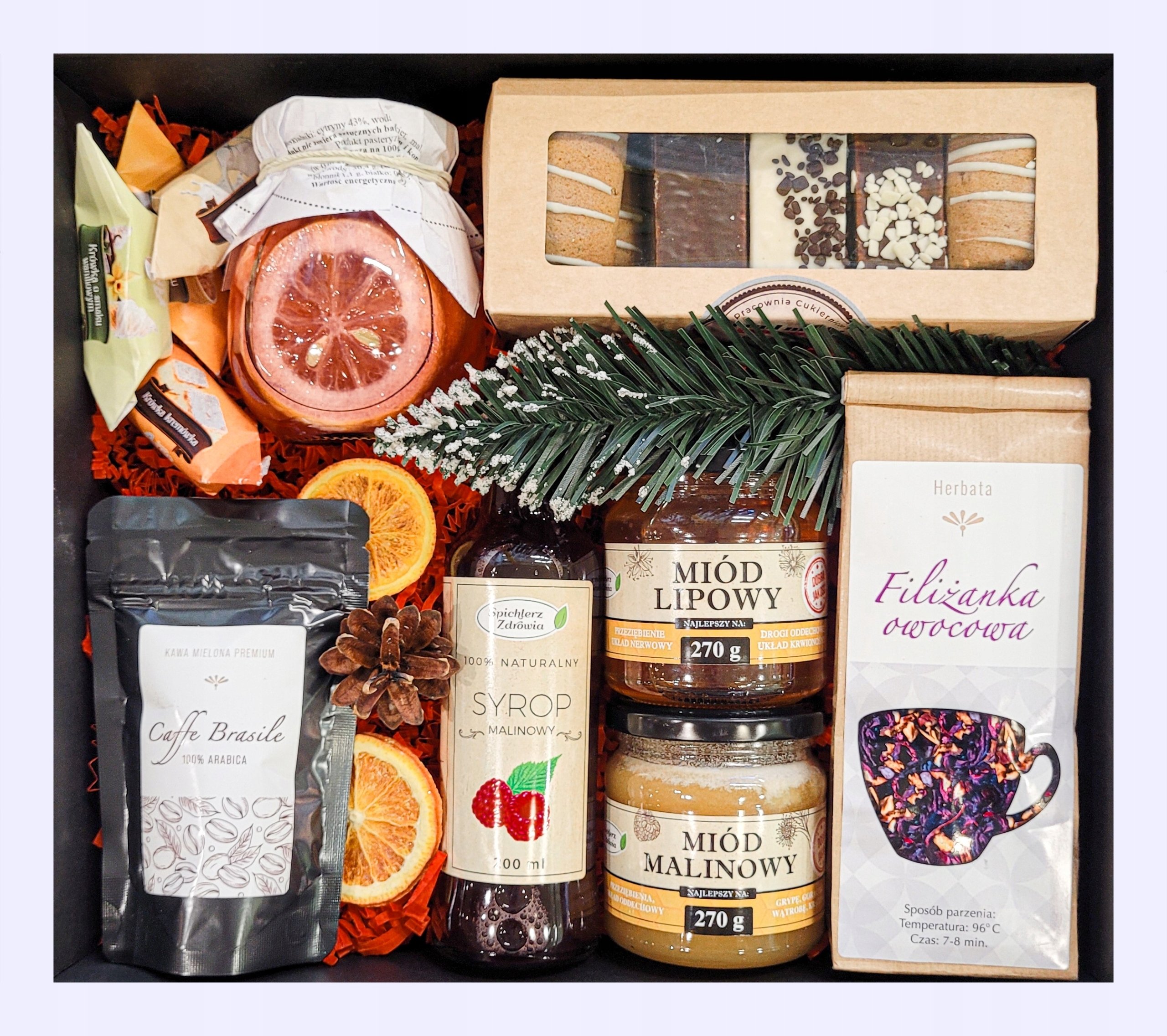 Duży Kosz Zestaw Prezentowy Syrop Miód Pierniki Herbata Czekolada