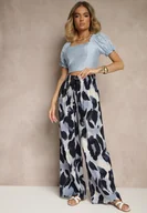 Spodnie damskie - Niebieskie Szerokie Spodnie High Waist z Wiskozą w Panterkowy Wzór Zeviera - miniaturka - grafika 1