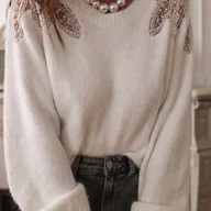 Swetry damskie - TEMU Sweter damski z okrﾄ�gﾅＺm dekoltem i dﾅＶgim rﾄ冖awem, kwiaty na ramionach z koralikami 窶� jesieﾅ�/ - miniaturka - grafika 1