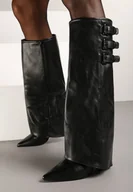 Kozaki damskie - Czarne Kozaki na Obcasie Ozdobione Wywiniętą Cholewką z Paskami i Klamrami Liennia - miniaturka - grafika 1