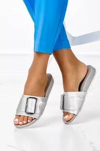 Srebrne klapki błyszczące ze srebrną kalmrą Casu W19X6/S - Klapki i japonki damskie - miniaturka - grafika 1