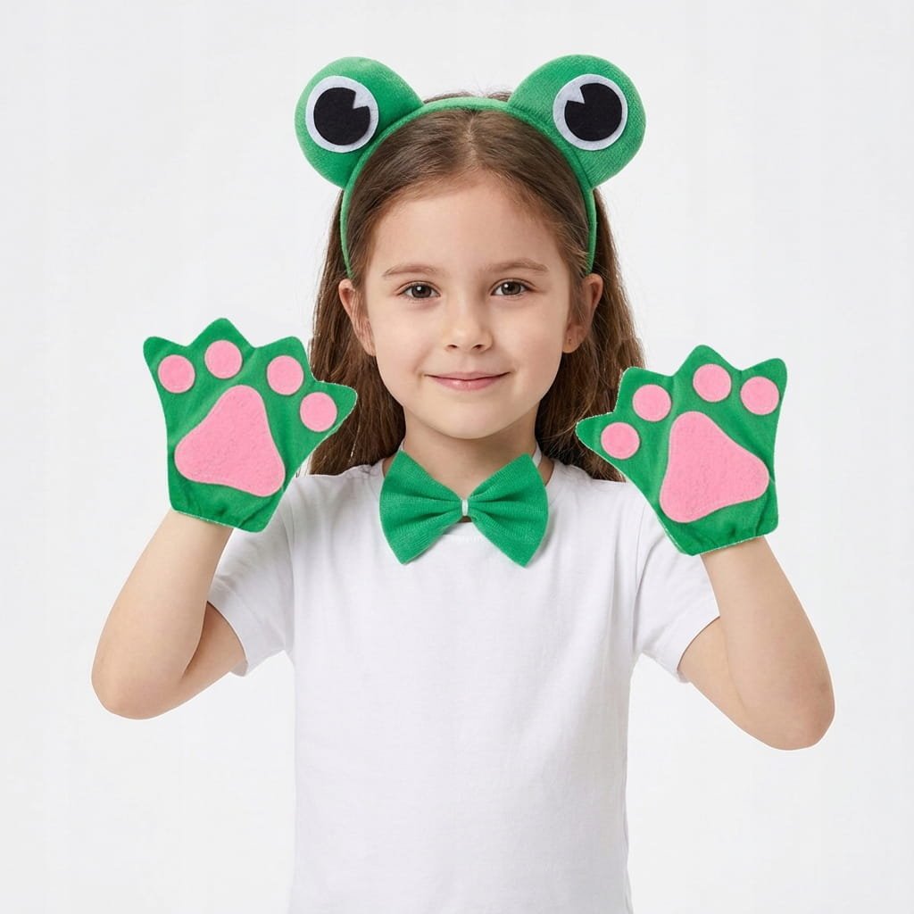 Strój Żabki dla dzieci – opaska z oczkami, muszka i łapki