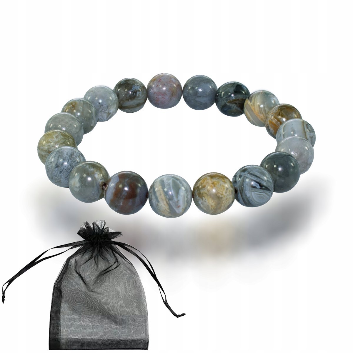 Bransoletka Naturalny Kamień Agat Bambusowy liściasty kule 10mm dł 20cm, bez marki, AG00000128