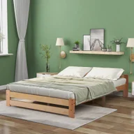 Łóżka - Łóżko futon Merax podwójne łóżko 140x200cm z zagłówkiem i ramą z listew, klasyczne łóżko z litego drewna łóżko młodzieżowe, natura - miniaturka - grafika 1