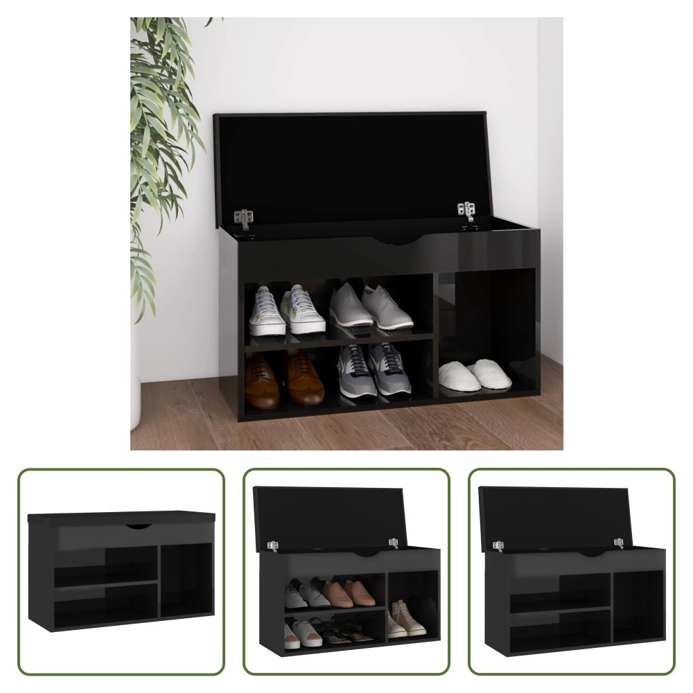 The Living Store Ławka na buty z poduszką czarny wysoki połysk 80x30x47cm materiał drewnopochodny