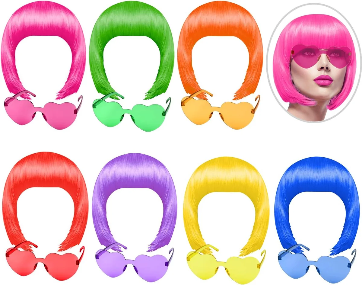 PERUKA ZESTAW 14 SZTUK KRÓTKA NEONOWA KOLOROWA OKULARY RETRO IMPREZA