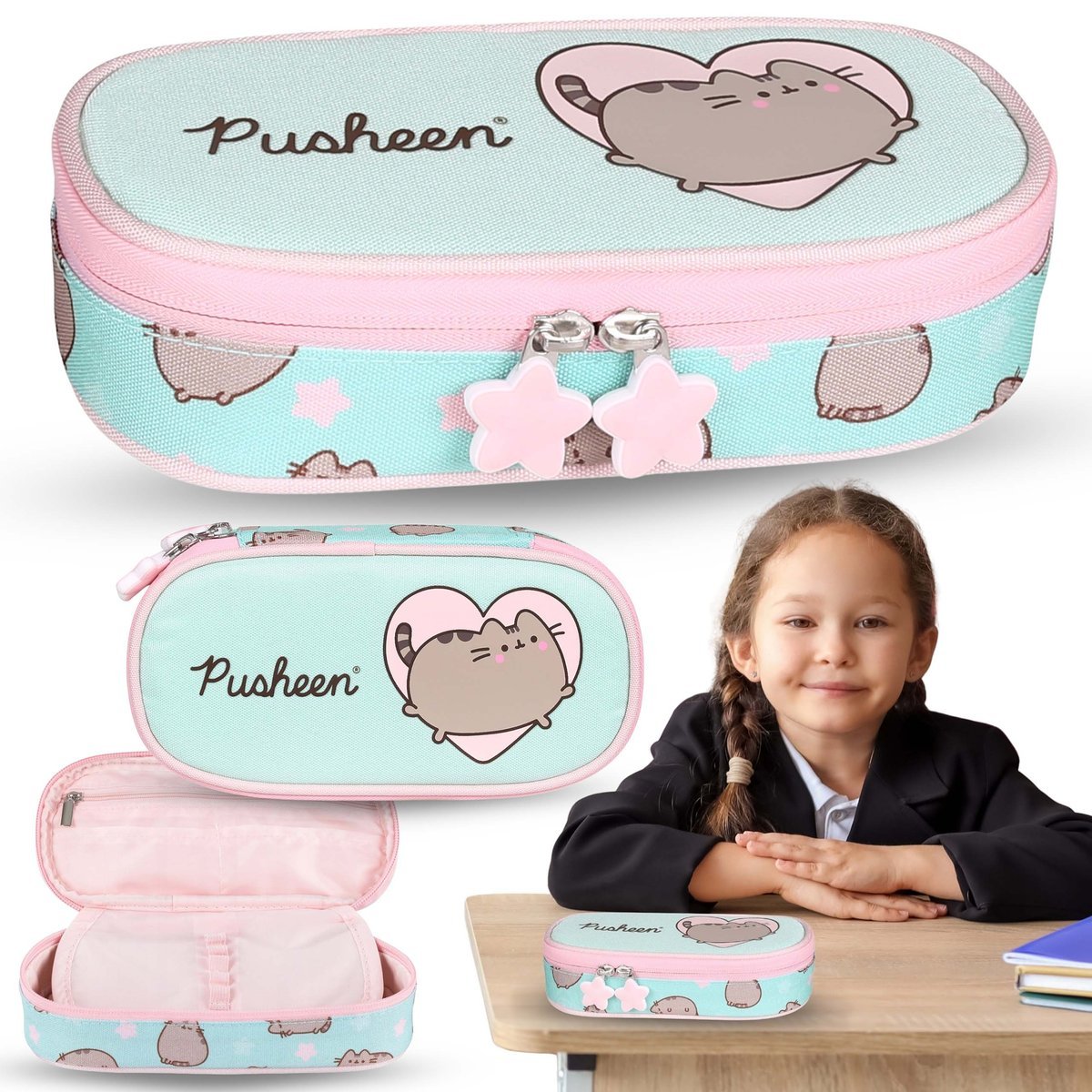 Pusheen Miętowo-różowy KOMOROWY piórnik szkolny, saszetka dla dziewczynki 5x20x10cm