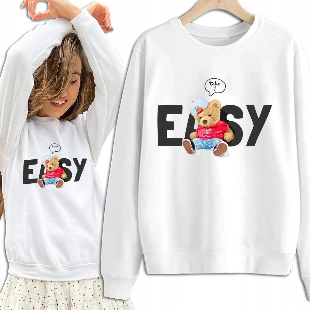 Bluza Damska Biała Dresowa TAKE IT EASY Kobiece Dziewczęce Wzory Rozmiar S