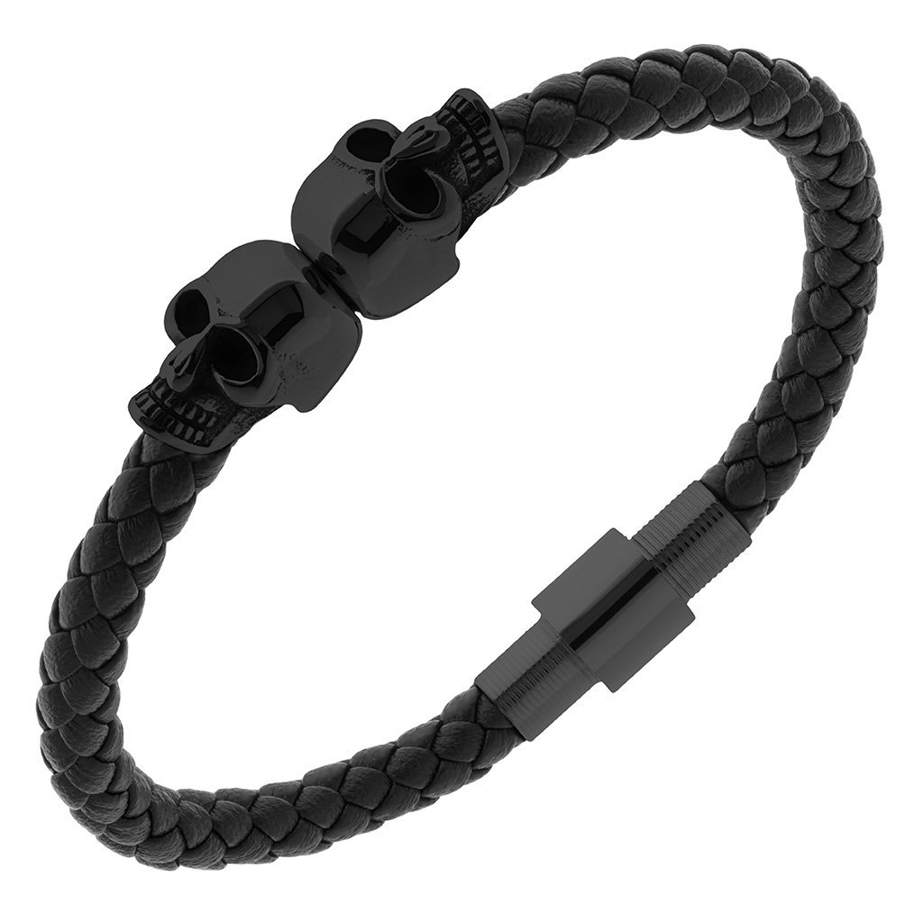 Bransoletka męska SKÓRZANA z CZASZKAMI stal 316L