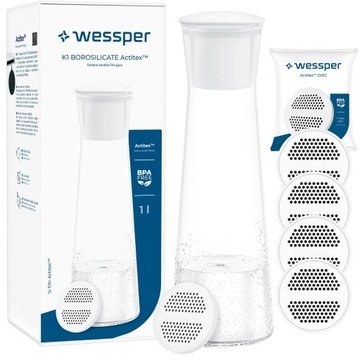 Szklana Karafka na Wodę i Napoje Wessper 1L z 5 Filtrami do Wody Kranowej