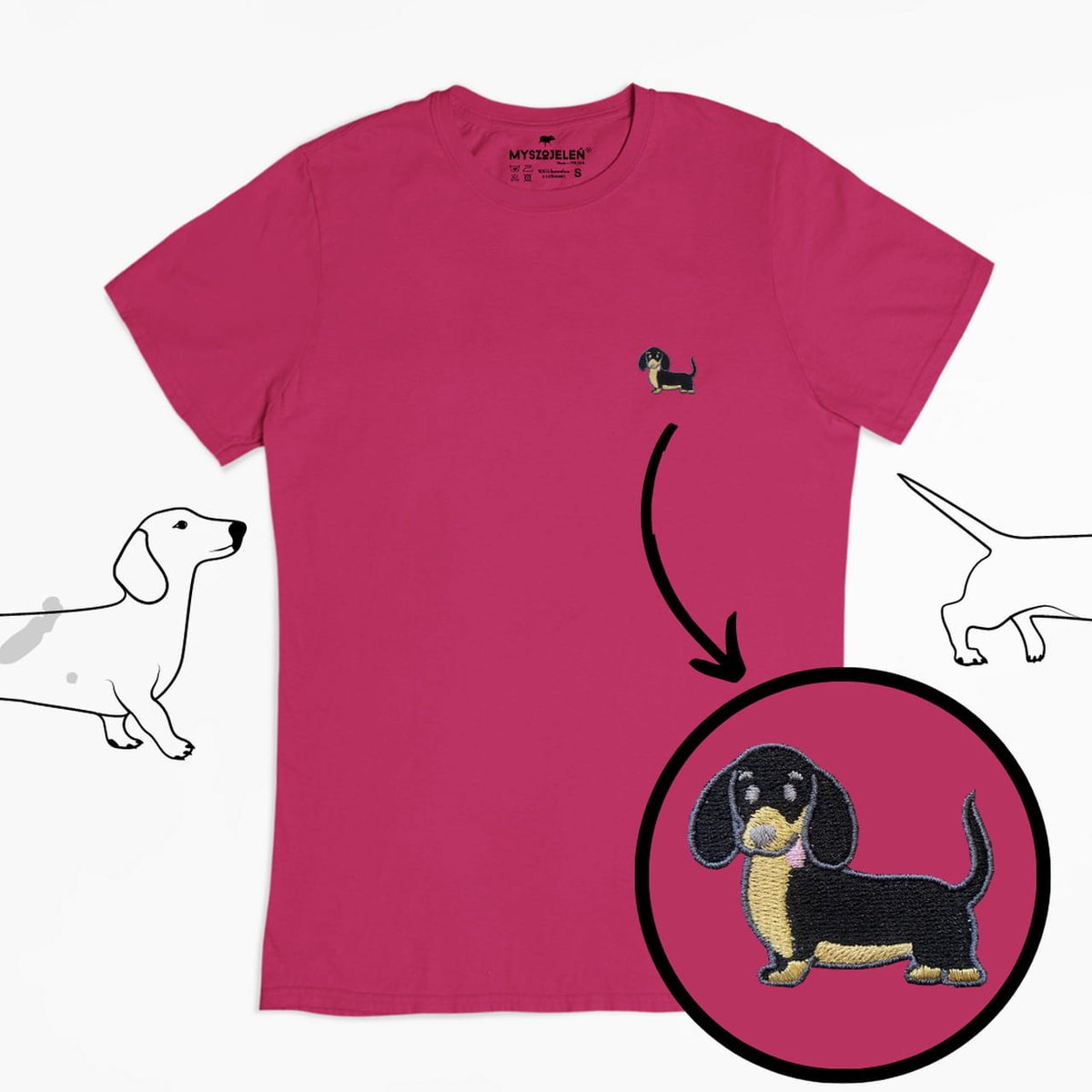Haftowany T-shirt - CZARNY JAMNIK - różowy S