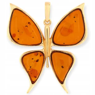Motyl z bursztynem - Zawieszka pozłacany motyl duży - koniak - Wisiorki - miniaturka - grafika 1