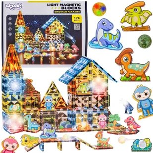 WOOPIE Klocki Magnetyczne Konstrukcyjne Świecące 3D Park Dinozaurów 124el. - Klocki - miniaturka - grafika 1