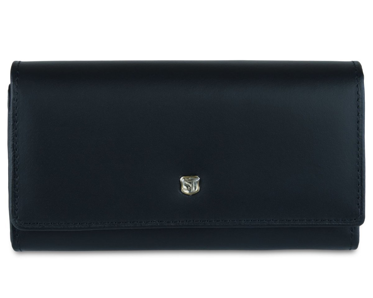 Skórzany średni portfel damski Stefania Czarny Klapka Kieszeń na monety na zamek