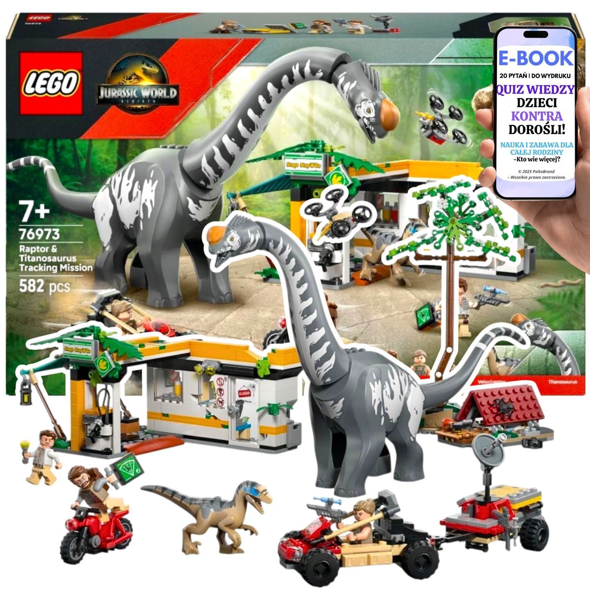 DUŻY ZESTAW LEGO Jurassic World Zestaw z dinozaurami • tytanozaur, raptor, motocykl, terenówka i obozowisko Lego Na Urodziny Dla Chłopca Wnuczka +..