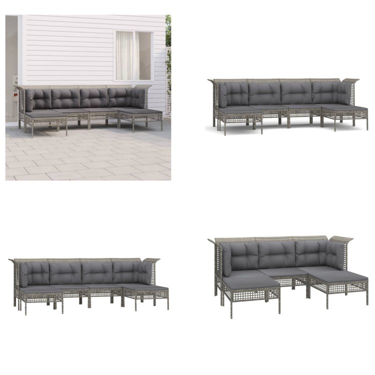 vidaXL 6-częściowy zestaw wypoczynkowy do ogrodu z poduszkami z szarego polirattanu - Zestaw wypoczynkowy do ogrodu - Zestawy wypoczynkowe do ogrodu - Zestaw wypoczynkowy - Meble ogrodowe